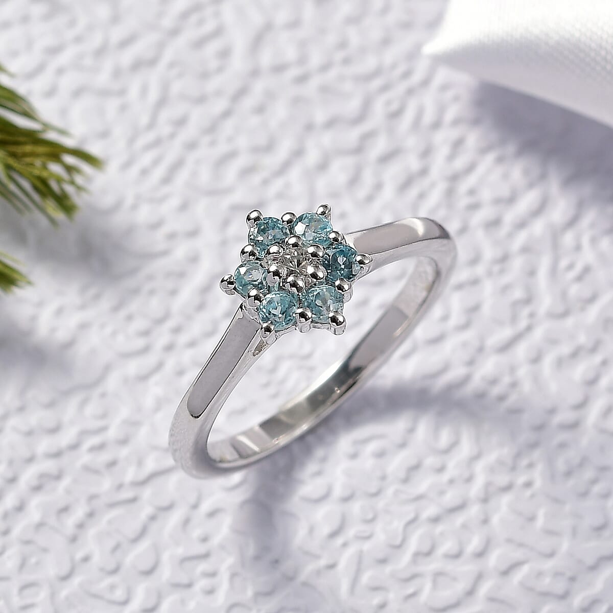 D'Joy Cambodian Blue Zircon and White Zircon 0.60 ctw Ring in Rhodium Over Sterling Silver (Size 8.0) image number 1