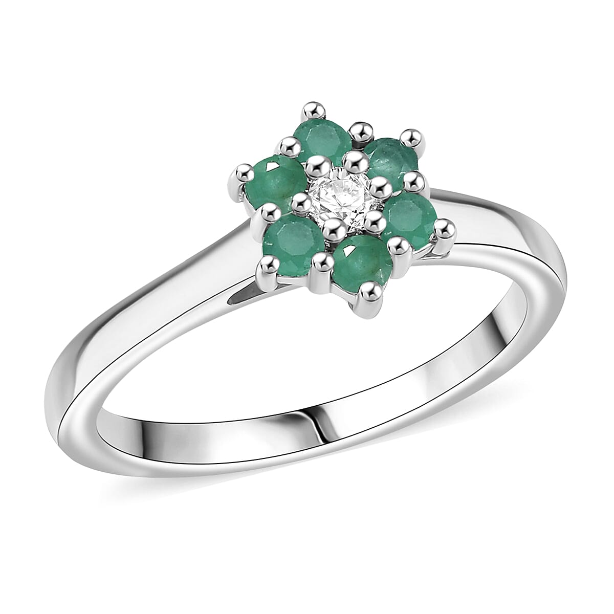 D'Joy Socoto Emerald, White Zircon Ring in Rhodium Over Sterling Silver (Size 6.0) 0.40 ctw image number 0