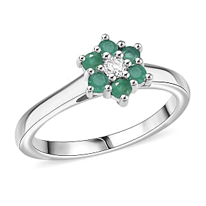 D'Joy Socoto Emerald, White Zircon Ring in Rhodium Over Sterling Silver (Size 6.0) 0.40 ctw