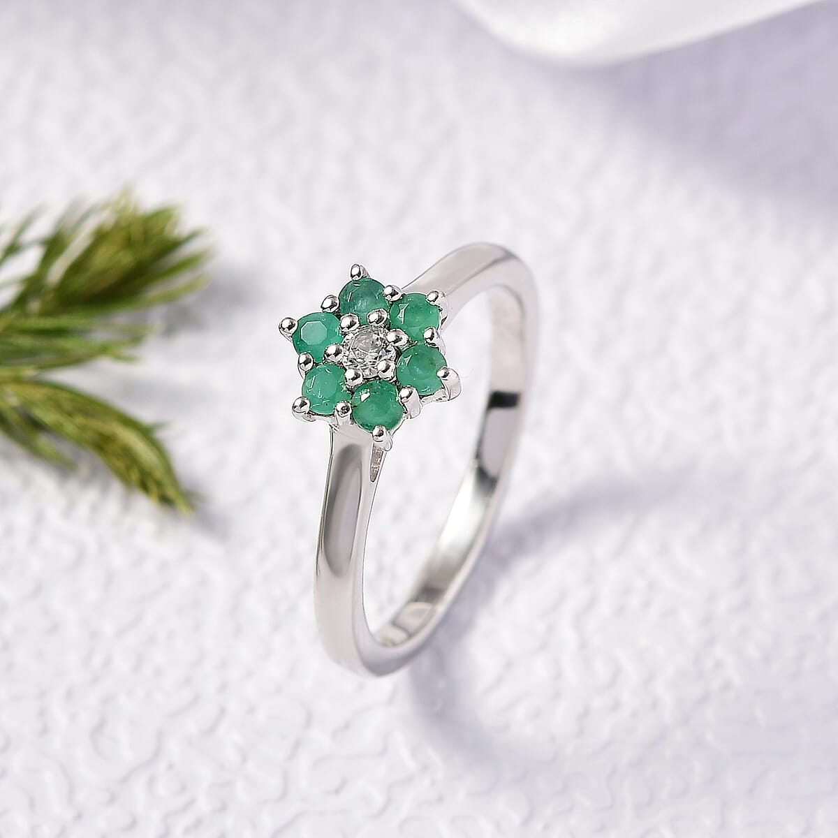 D'Joy Socoto Emerald, White Zircon Ring in Rhodium Over Sterling Silver (Size 6.0) 0.40 ctw image number 1