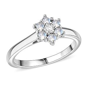 D'Joy Rainbow Moonstone, White Zircon Ring in Rhodium Over Sterling Silver (Size 6.0) 0.40 ctw