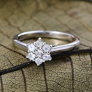 D'Joy Rainbow Moonstone, White Zircon Ring in Rhodium Over Sterling Silver (Size 6.0) 0.40 ctw