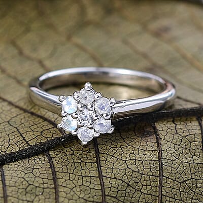 D'Joy Rainbow Moonstone, White Zircon Ring in Rhodium Over Sterling Silver (Size 6.0) 0.40 ctw