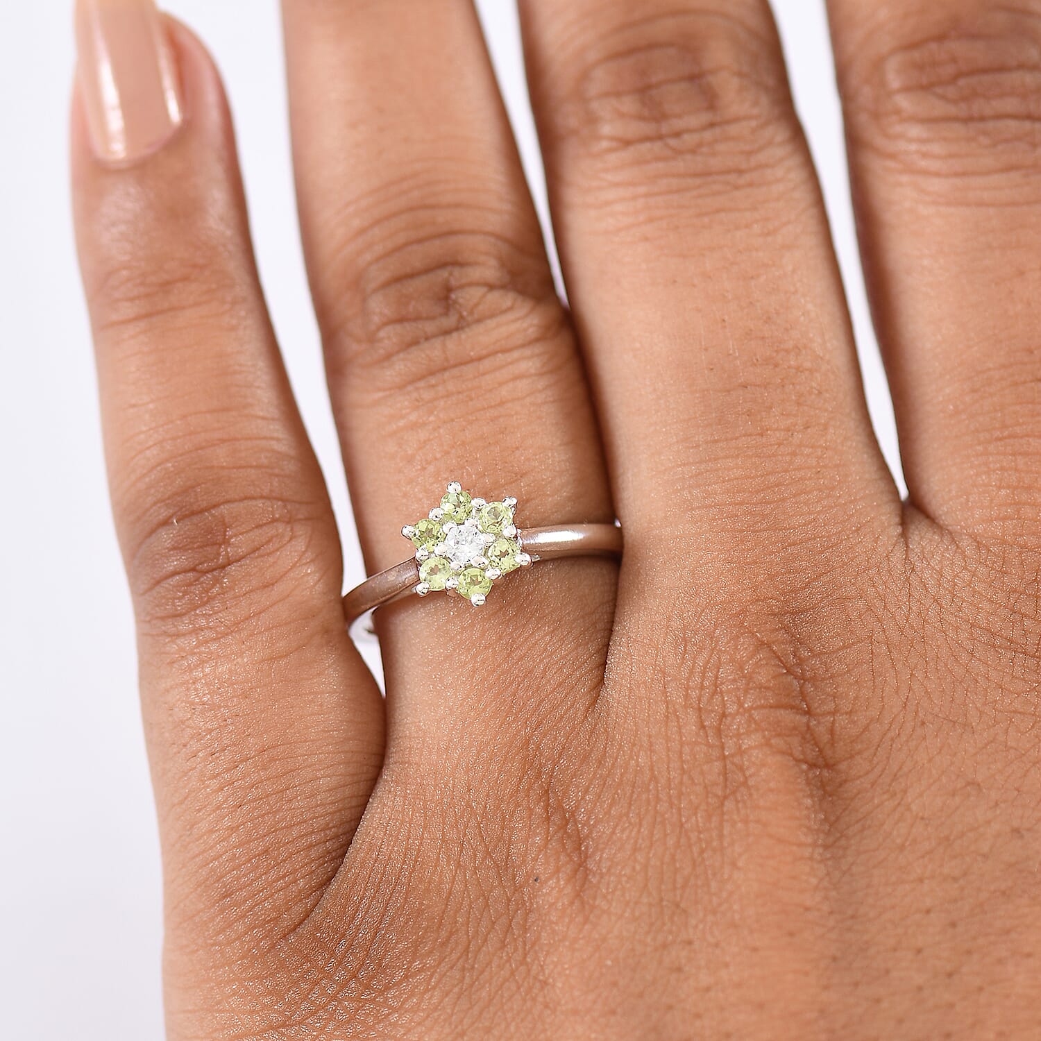 D'Joy Hebei Peridot and White Zircon 0.45 ctw Fancy Ring in Rhodium Over Sterling Silver (Size 7.0)