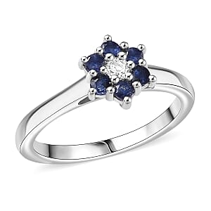 D'Joy Masoala Sapphire (D), White Zircon Ring in Rhodium Over Sterling Silver (Size 6.0) 0.50 ctw