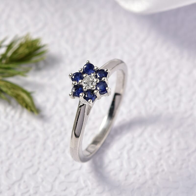 D'Joy Masoala Sapphire (D) and White Zircon 0.50 ctw Ring in Rhodium Over Sterling Silver (Size 7.0)