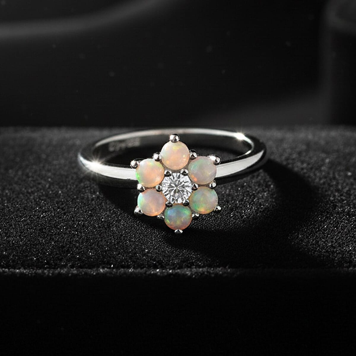 D'Joy Ethiopian Welo Opal, White Zircon Ring in Rhodium Over Sterling Silver (Size 6.0) 0.40 ctw image number 1