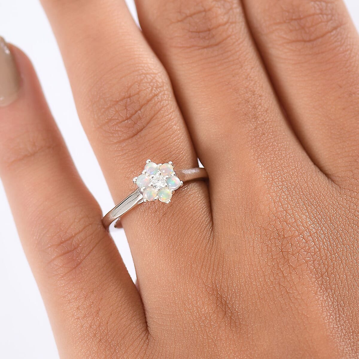 D'Joy Ethiopian Welo Opal, White Zircon Ring in Rhodium Over Sterling Silver (Size 6.0) 0.40 ctw image number 2