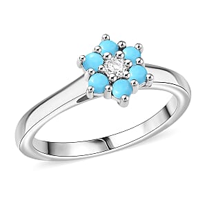 D'Joy Premium Sleeping Beauty Turquoise, White Zircon Ring in Rhodium Over Sterling Silver (Size 6.0) 0.40 ctw