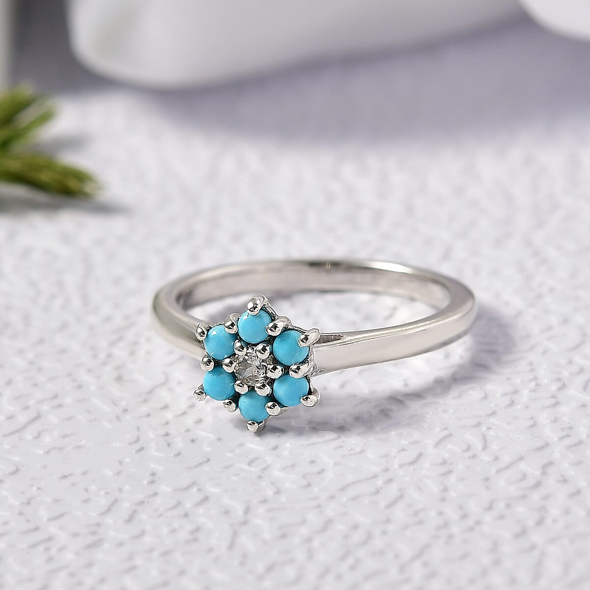 D'Joy Premium Sleeping Beauty Turquoise, White Zircon Ring in Rhodium Over Sterling Silver (Size 6.0) 0.40 ctw image number 1