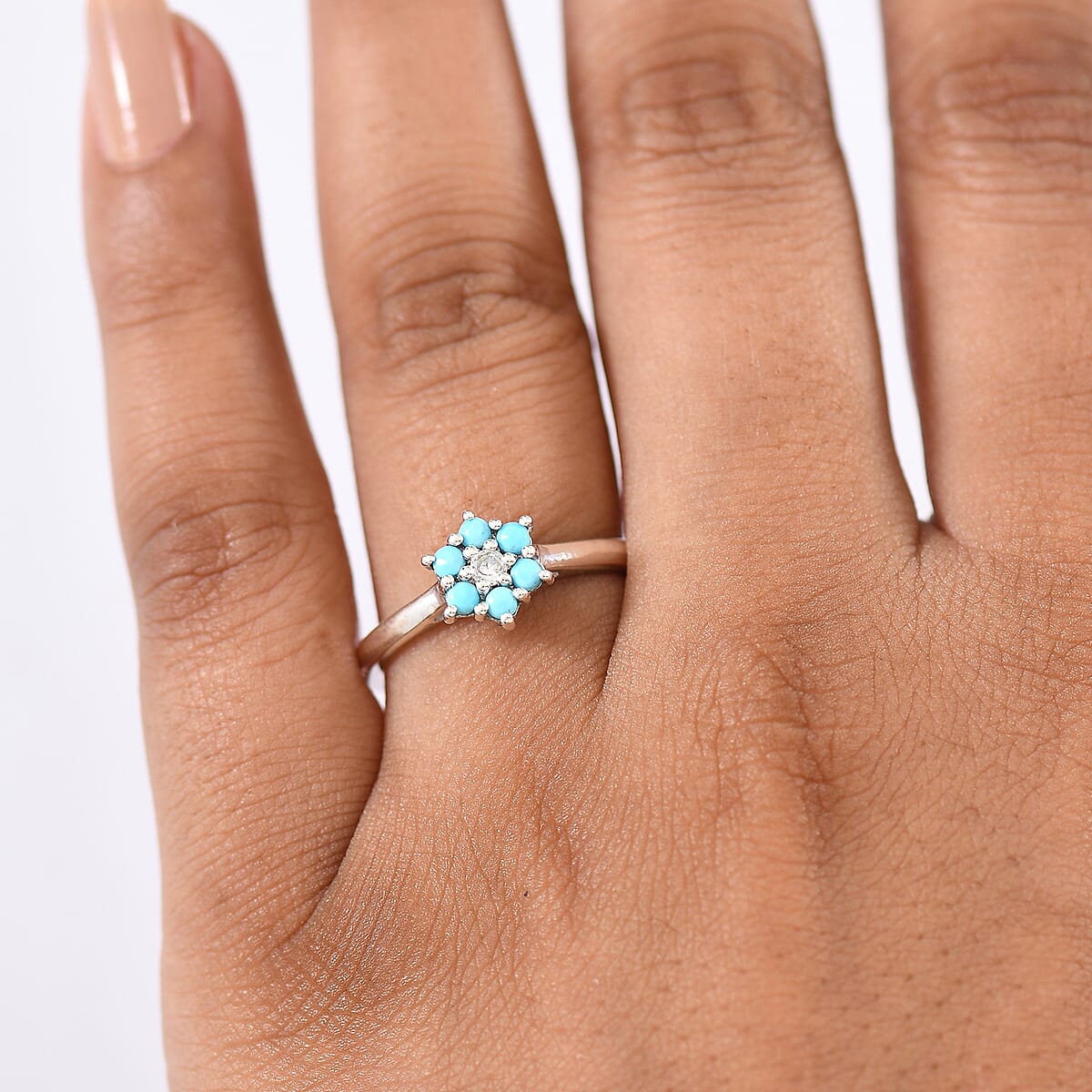 D'Joy Premium Sleeping Beauty Turquoise, White Zircon Ring in Rhodium Over Sterling Silver (Size 6.0) 0.40 ctw image number 2