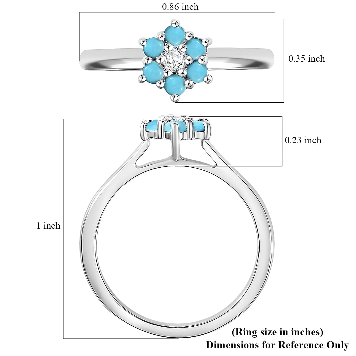 D'Joy Premium Sleeping Beauty Turquoise, White Zircon Ring in Rhodium Over Sterling Silver (Size 6.0) 0.40 ctw image number 5