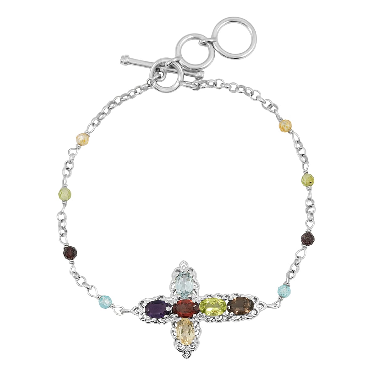 EverTrue Multi Gemstone 7.50 ctw Cross Bracelet in Platinum Bond (6.50-8.0In) image number 0