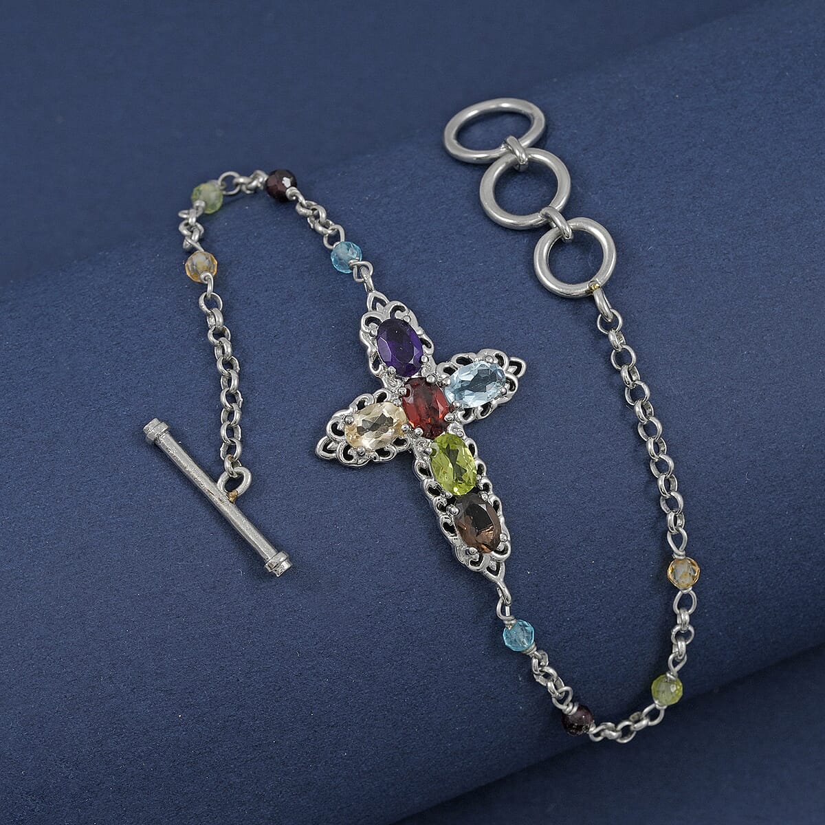 EverTrue Multi Gemstone 7.50 ctw Cross Bracelet in Platinum Bond (6.50-8.0In) image number 1