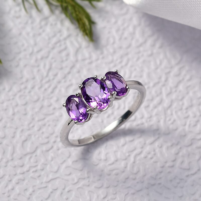 D'Joy African Amethyst Ring in Rhodium Over Sterling Silver (Size 8.0) 1.50 ctw