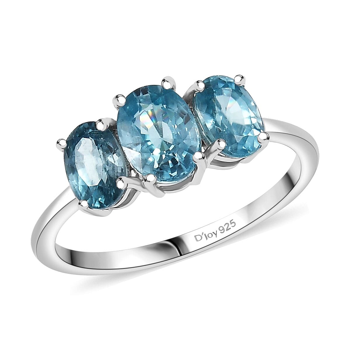D'Joy Cambodian Blue Zircon 2.90 ctw 3 Stone Ring in Rhodium Over Sterling Silver (Size 6.0) image number 0