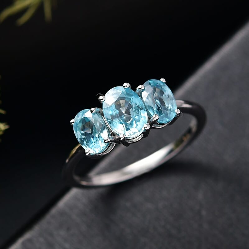 D'Joy Cambodian Blue Zircon 3 Stone Ring in Rhodium Over Sterling Silver (Size 8.0) 2.90 ctw