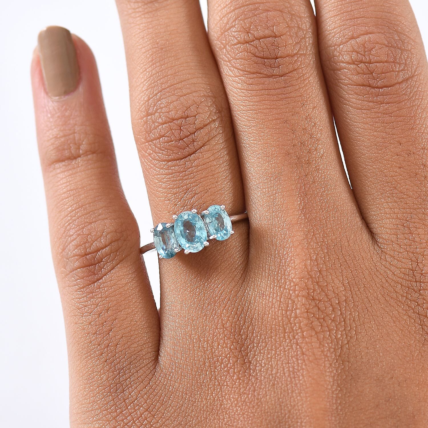 D'Joy Cambodian Blue Zircon 3 Stone Ring in Rhodium Over Sterling Silver (Size 8.0) 2.90 ctw