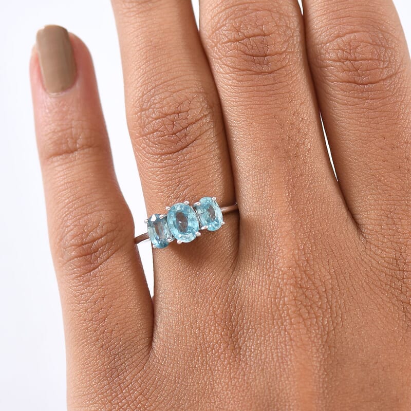 D'Joy Cambodian Blue Zircon 3 Stone Ring in Rhodium Over Sterling Silver (Size 8.0) 2.90 ctw