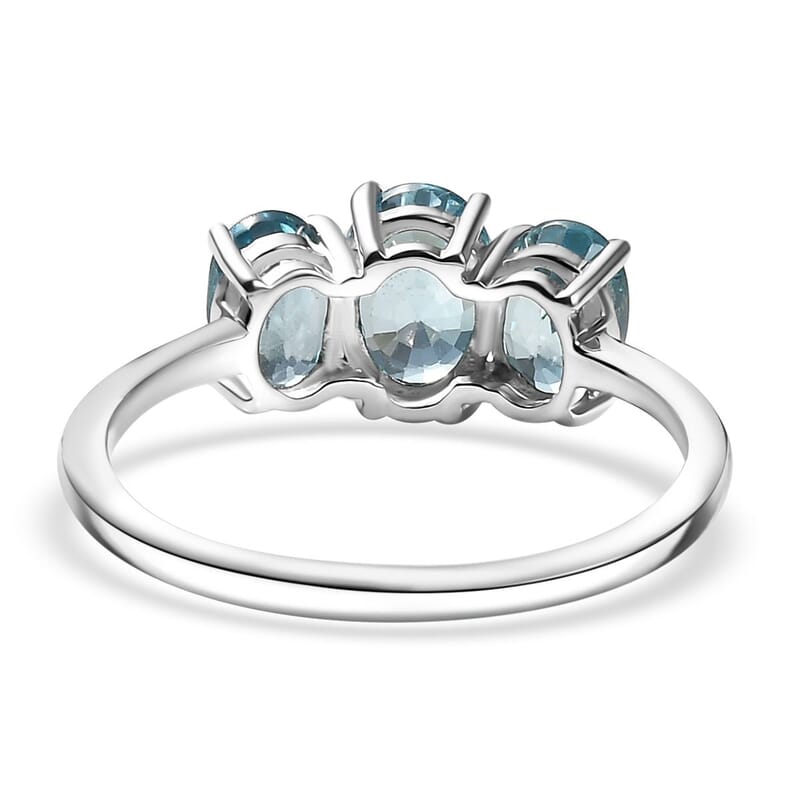 D'Joy Cambodian Blue Zircon 3 Stone Ring in Rhodium Over Sterling Silver (Size 8.0) 2.90 ctw
