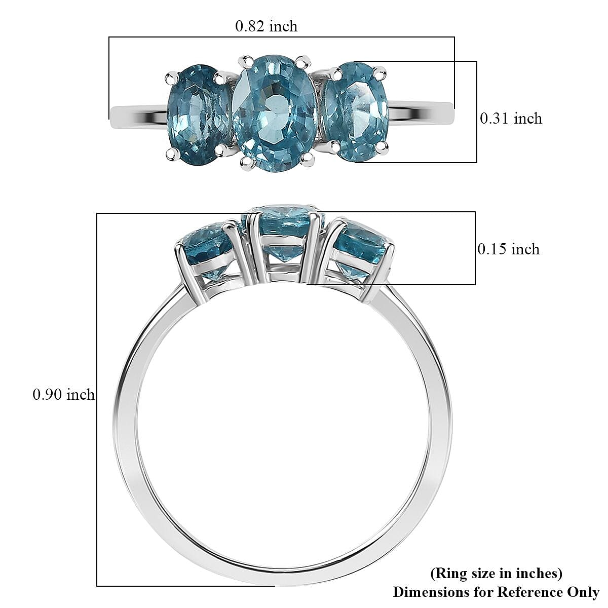 D'Joy Cambodian Blue Zircon 3 Stone Ring in Rhodium Over Sterling Silver (Size 8.0) 2.90 ctw