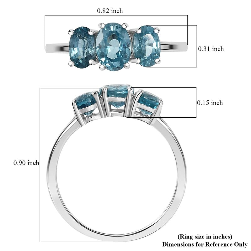 D'Joy Cambodian Blue Zircon 3 Stone Ring in Rhodium Over Sterling Silver (Size 8.0) 2.90 ctw