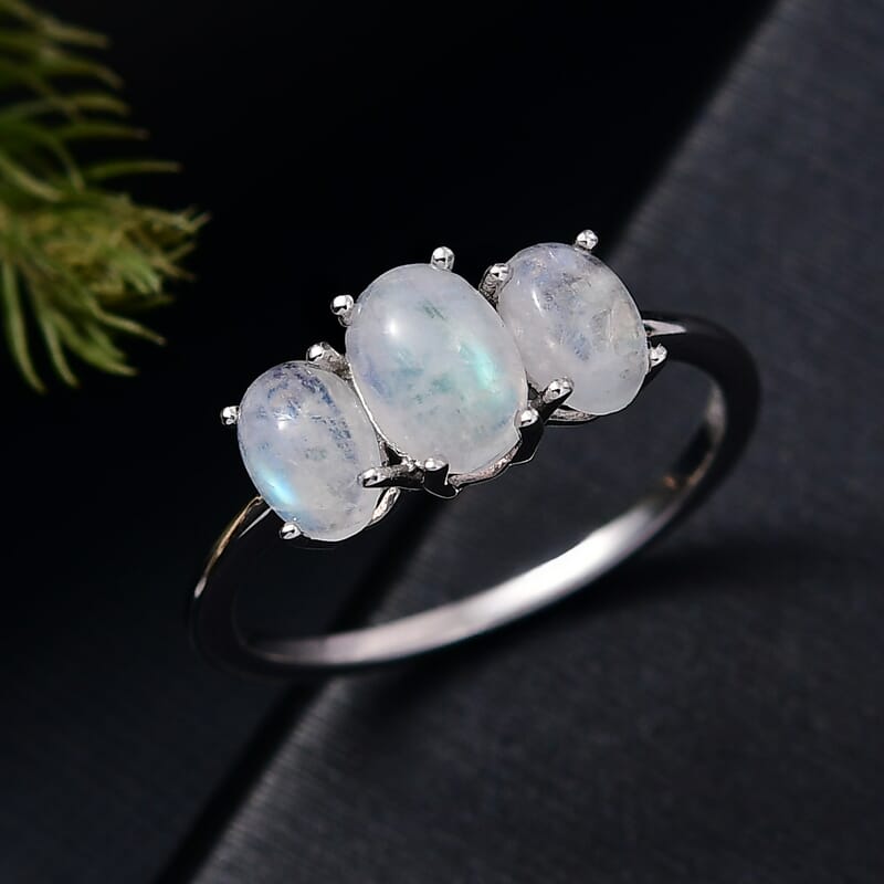 D'Joy Rainbow Moonstone Ring in Rhodium Over Sterling Silver (Size 6.0) 2.00 ctw