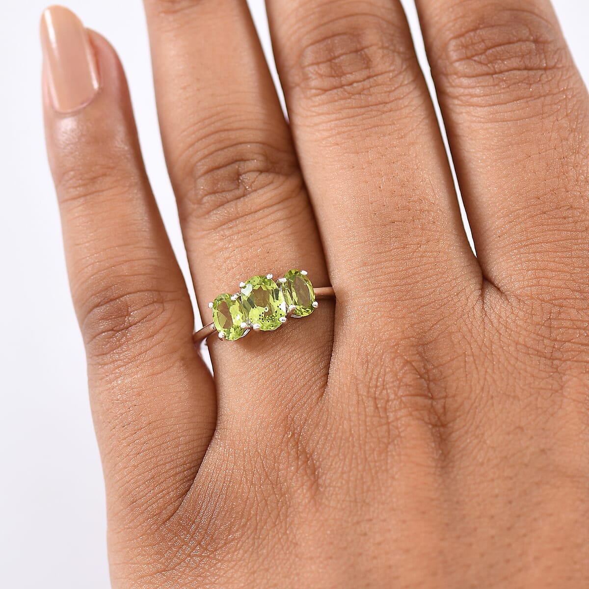 D'Joy Hebei Peridot 2.00 ctw 3 Stone Ring in Rhodium Over Sterling Silver (Size 6.0) image number 2