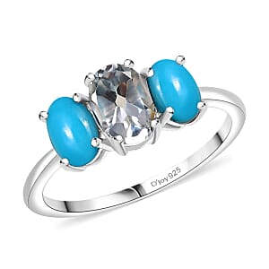 D'Joy White Topaz and Sleeping Beauty Turquoise 1.75 ctw Ring in Rhodium Over Sterling Silver (Size 7.0) 