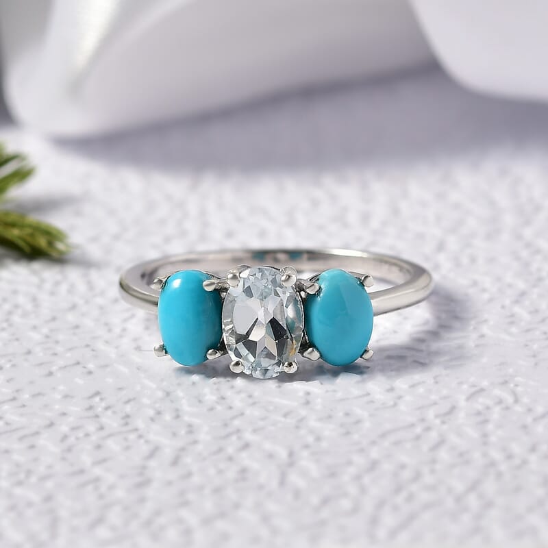 D'Joy White Topaz and Sleeping Beauty Turquoise 1.75 ctw Ring in Rhodium Over Sterling Silver (Size 7.0)