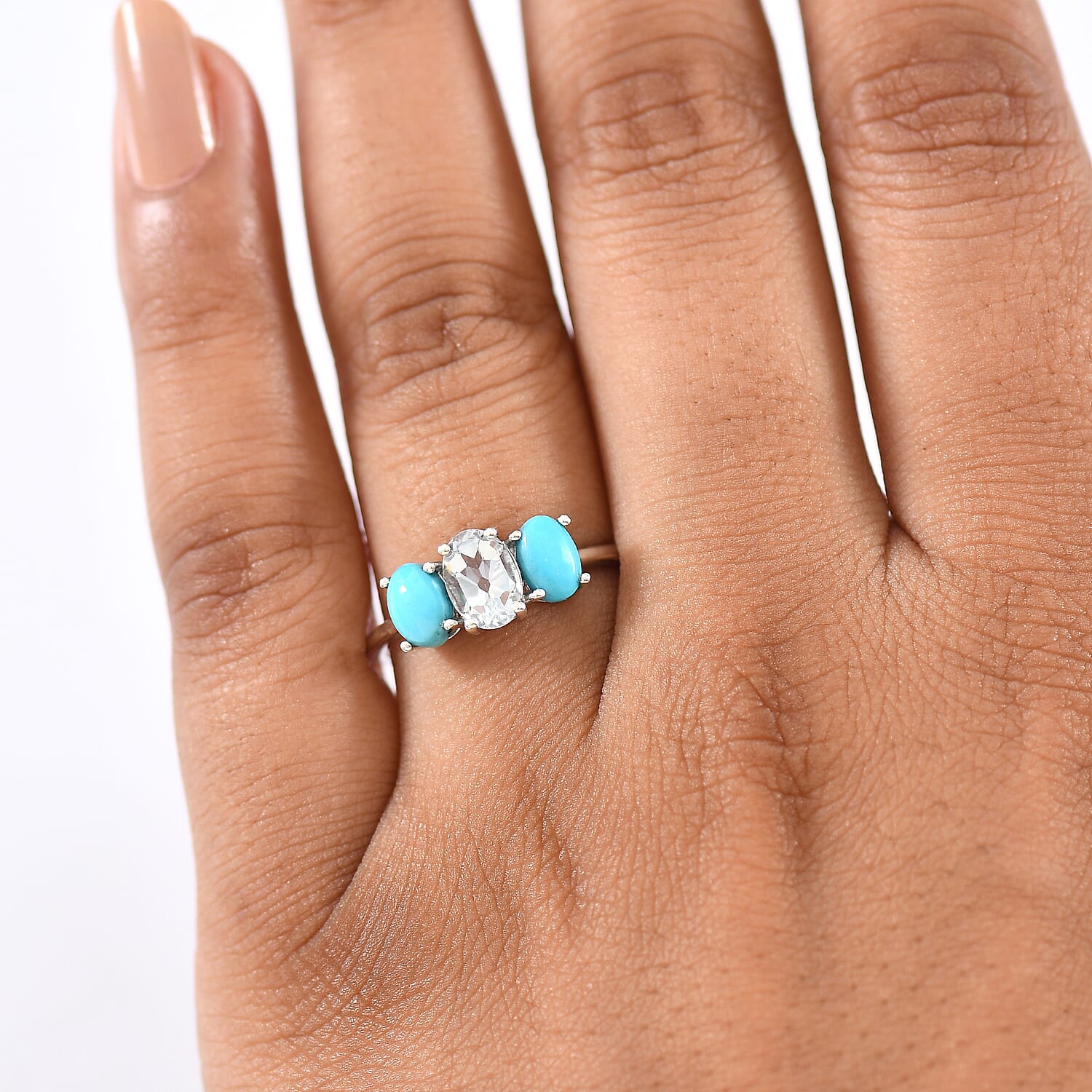 D'Joy White Topaz and Sleeping Beauty Turquoise 1.75 ctw Ring in Rhodium Over Sterling Silver (Size 7.0)