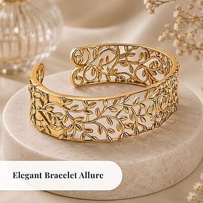 D'Joy Vine and Leaf Cuff Bracelet in 18K Vermeil Yellow Gold Over Sterling Silver (7.25 In) 34.50 Grams