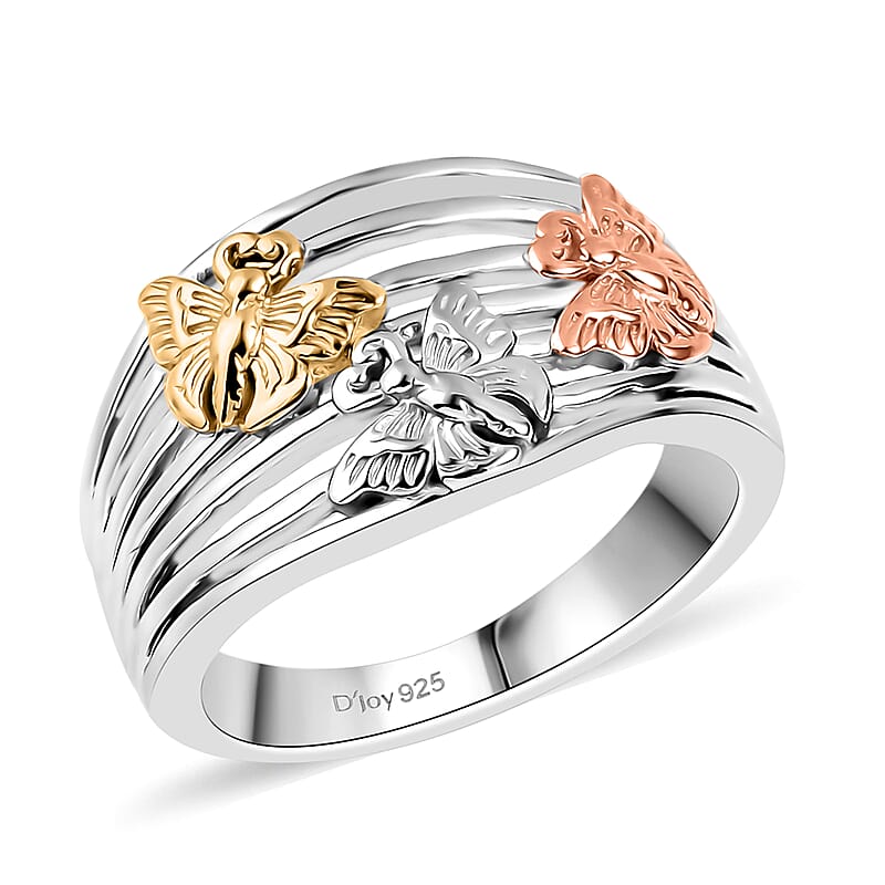 D'Joy Butterfly Ring in 18K Vermeil YRG and Rhodium Over Sterling Silver (Size 10.0) 5 Grams