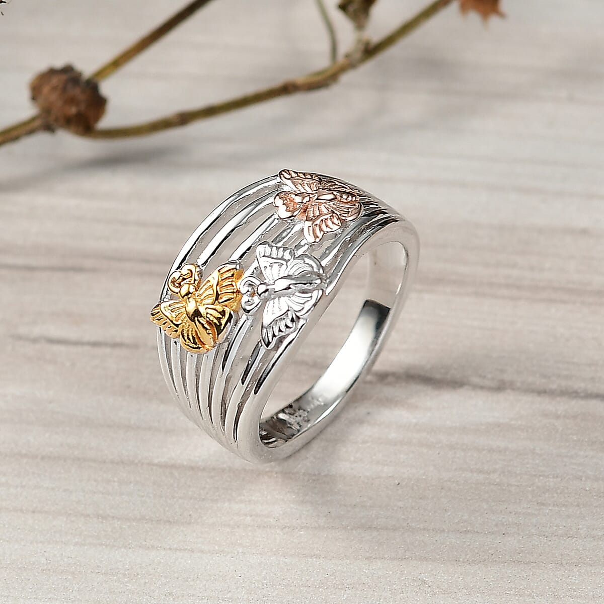 D'Joy Butterfly Ring in 18K Vermeil YRG and Rhodium Over Sterling Silver  (Size 7.0) 5 Grams image number 1