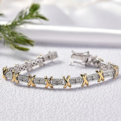 D'Joy 18K Vermeil YG and Rhodium Over Sterling Silver Two Tone XOXO Bracelet (6.50 In) 12.25 Grams