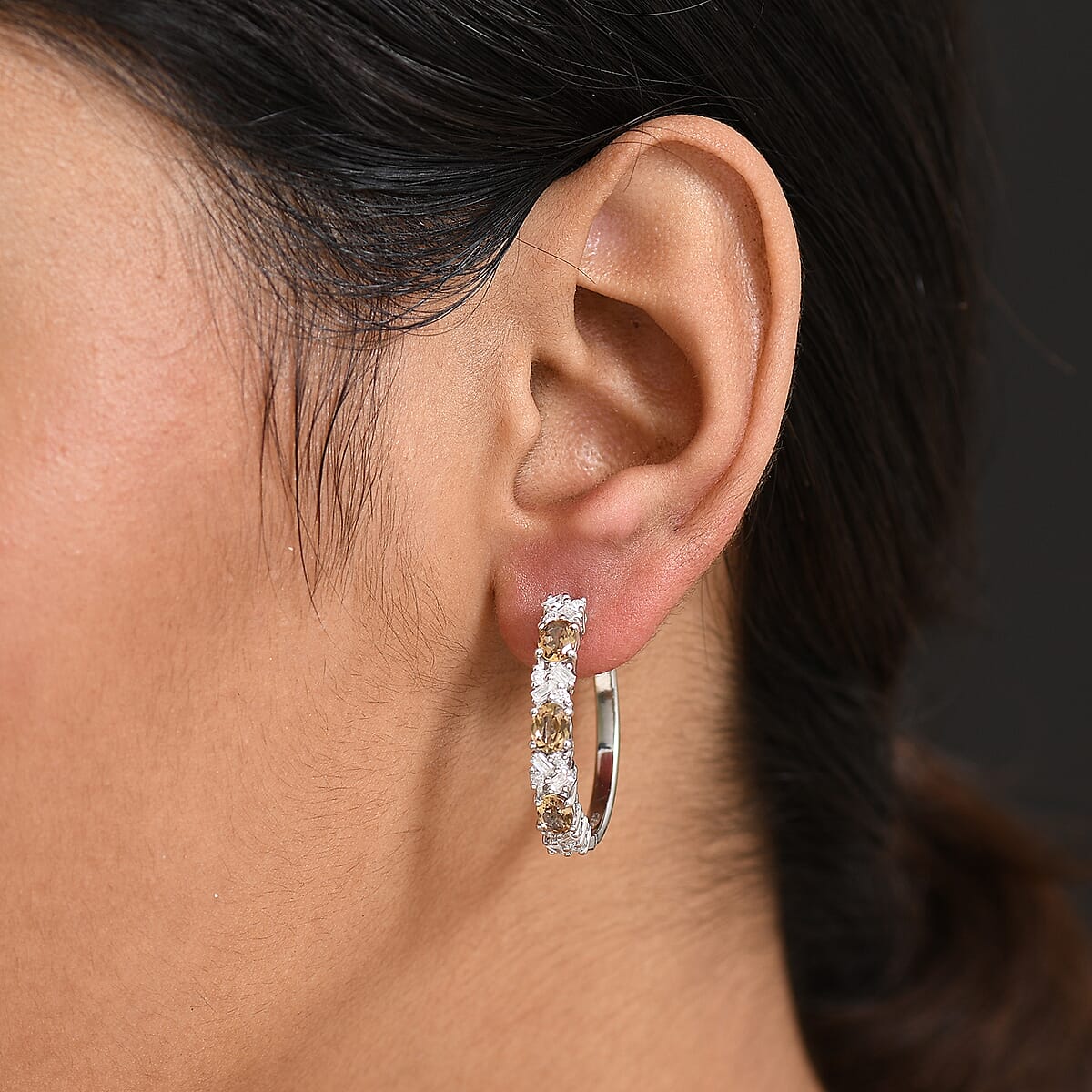 D'Joy Golden Turkizite and Moissanite 3.30 ctw Earrings in Rhodium Over Sterling Silver image number 2