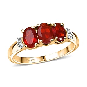 D'Joy Mexican Cherry Fire Opal and Diamond 0.90 ctw Art Deco Ring in 18K Vermeil Yellow Gold Over Sterling Silver (Size 10.0)