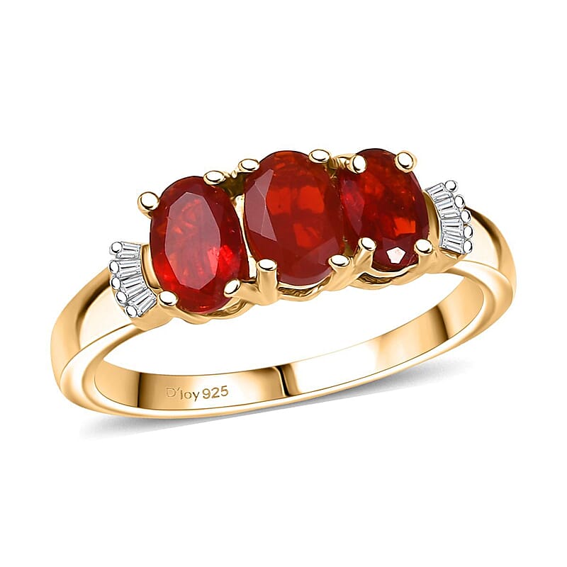 D'Joy Mexican Cherry Fire Opal and Diamond 0.90 ctw Art Deco Ring in 18K Vermeil Yellow Gold Over Sterling Silver (Size 10.0)