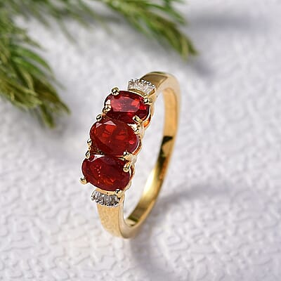 D'Joy Mexican Cherry Fire Opal and Diamond 0.90 ctw Art Deco Ring in 18K Vermeil Yellow Gold Over Sterling Silver (Size 10.0)