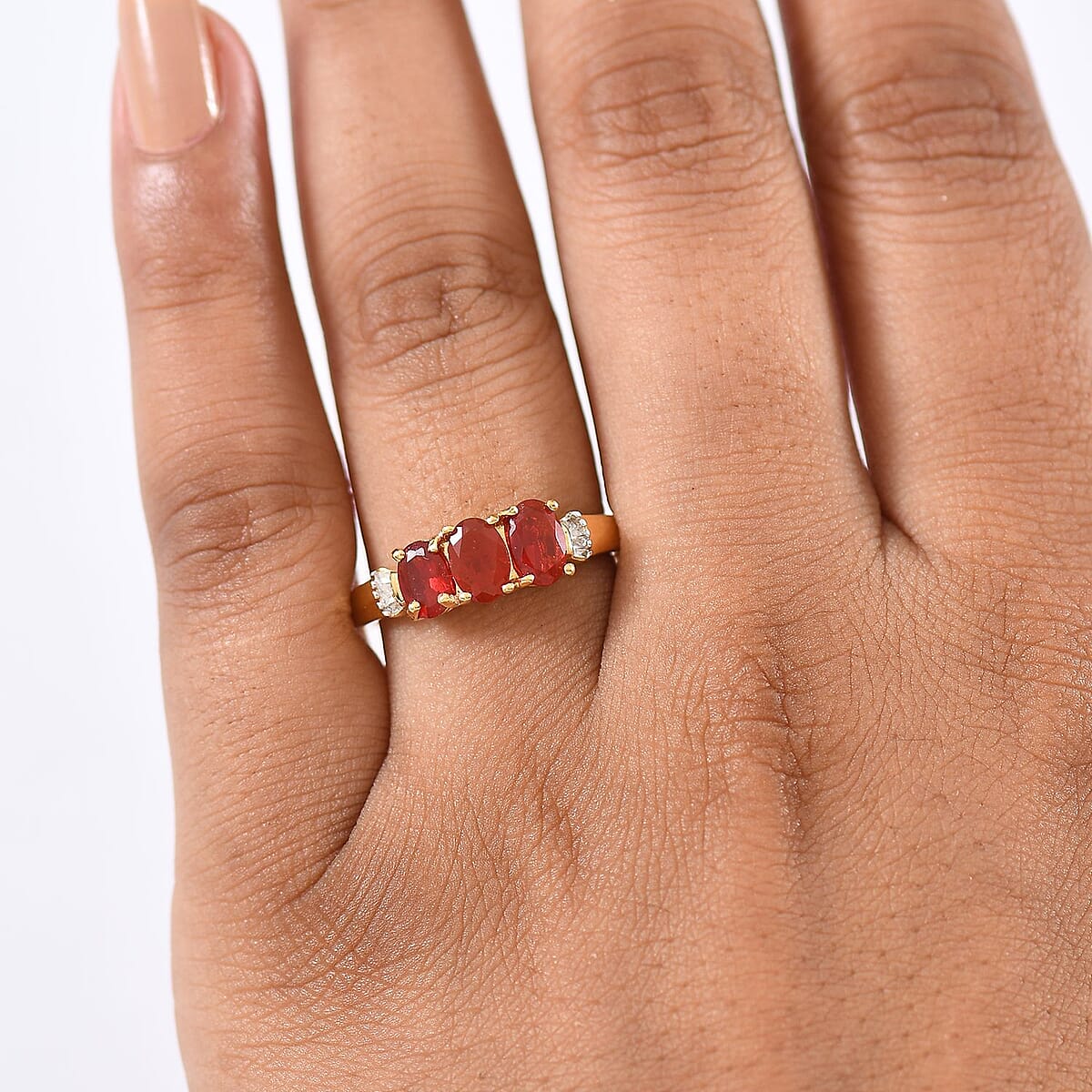 D'Joy Mexican Cherry Fire Opal and Diamond 0.90 ctw Art Deco Ring in 18K Vermeil Yellow Gold Over Sterling Silver (Size 10.0) image number 2