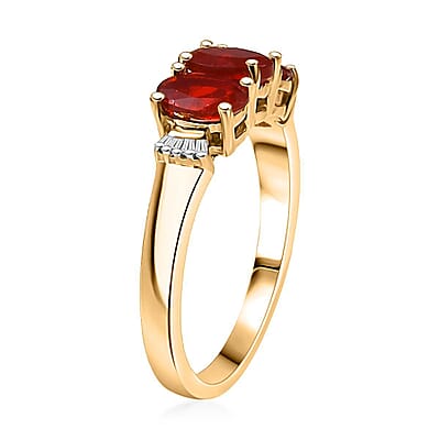 D'Joy Mexican Cherry Fire Opal and Diamond 0.90 ctw Art Deco Ring in 18K Vermeil Yellow Gold Over Sterling Silver (Size 10.0)