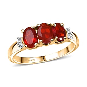 D'Joy Mexican Cherry Fire Opal and Diamond 0.90 ctw Art Deco Ring in 18K Vermeil Yellow Gold Over Sterling Silver (Size 5.0)