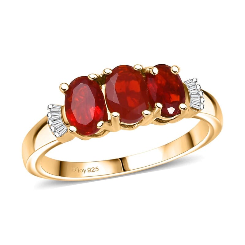 D'Joy Mexican Cherry Fire Opal and Diamond 0.90 ctw Art Deco Ring in 18K Vermeil Yellow Gold Over Sterling Silver (Size 8.0)