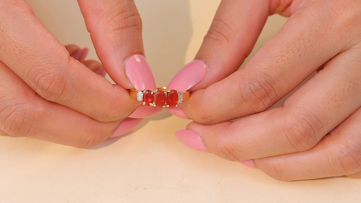 D'Joy Mexican Cherry Fire Opal, Diamond Ring in 18K Vermeil YG Over Sterling Silver (Size 10.0) 0.90 ctw