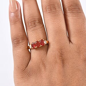 D'Joy Mexican Cherry Fire Opal and Diamond 0.90 ctw Art Deco Ring in 18K Vermeil Yellow Gold Over Sterling Silver (Size 8.0)