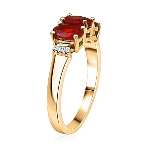 D'Joy Mexican Cherry Fire Opal and Diamond 0.90 ctw Art Deco Ring in 18K Vermeil Yellow Gold Over Sterling Silver (Size 8.0)