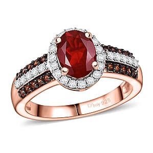 D'Joy Mexican Cherry Fire Opal, White and Champagne Zircon 1.35 ctw Art Deco Ring in 18K Vermeil Rose Gold Over Sterling Silver (Size 10.0)