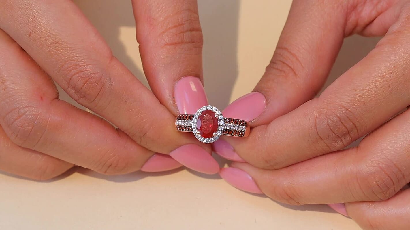 D'Joy Mexican Cherry Fire Opal, White and Champagne Zircon Ring in 18K Vermeil RG Over Sterling Silver (Size 10.0) 1.35 ctw