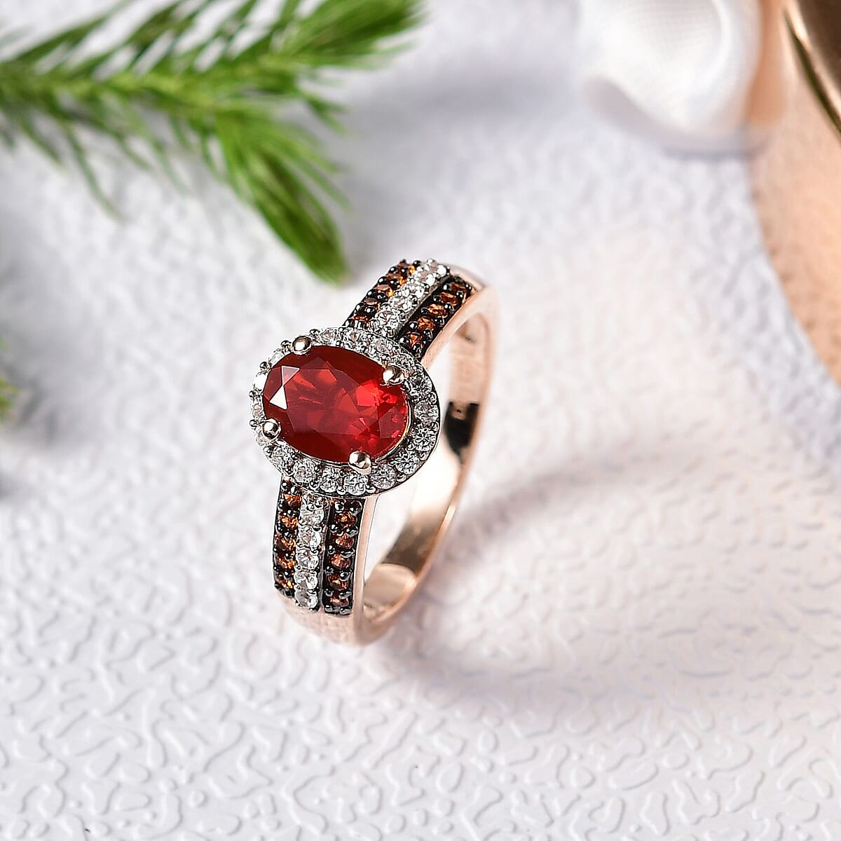 D'Joy Mexican Cherry Fire Opal, White and Champagne Zircon 1.35 ctw Art Deco Ring in 18K Vermeil Rose Gold Over Sterling Silver (Size 10.0) image number 1