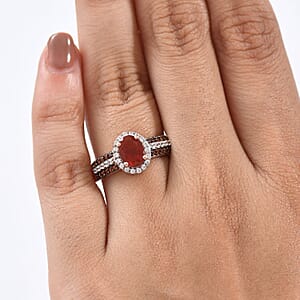 D'Joy Mexican Cherry Fire Opal, White and Champagne Zircon 1.35 ctw Art Deco Ring in 18K Vermeil Rose Gold Over Sterling Silver (Size 10.0)